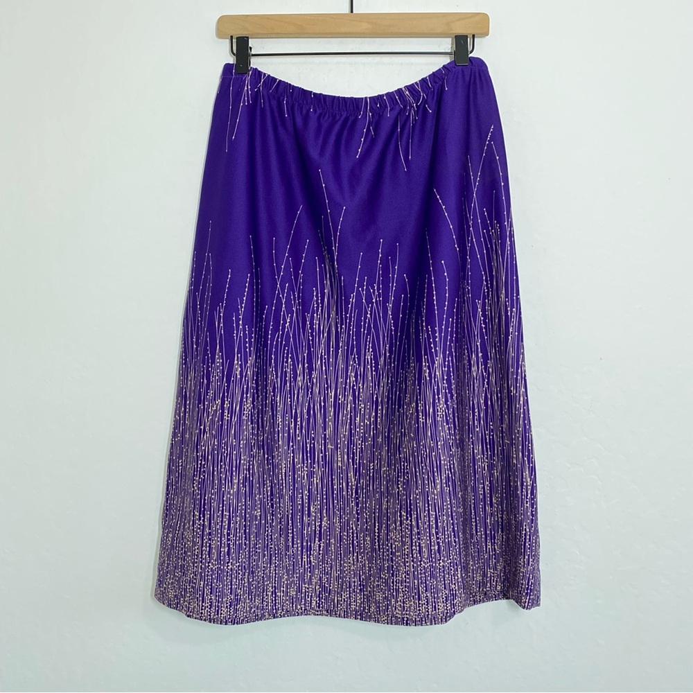 Vintage Women’s L Purple Floral Polyester Slip Midi Skirt Vibrant Casual Stretch